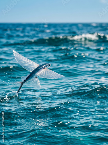 A flying fish leaps from blue ocean waves with wings spread wide in mid air against clear sky horizon.