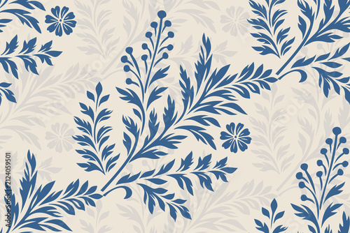 Vintage Blue and Cream Damask Seamless Pattern, Classical Foliage Vector Wallpaper.Botanical Background with Leaves and Flowers for Fabric, Textile, Scrapbook, Wrapping 