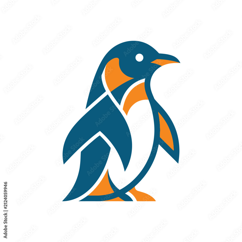 Obraz premium Stylized geometric penguin illustration with blue and orange color palette.