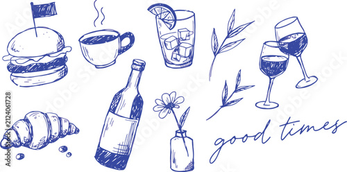 Hand drawn sketch of wine glasses cocktail coffee burger croissant and bottle celebrating good times