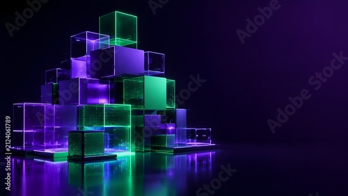 Abstract glowing neon green and purple glass cubes stacked in pyramid structure representing futuristic digital cyberspace and blockchain technology