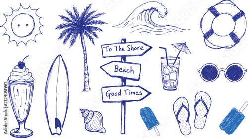Hand drawn summer beach elements in blue ink on white background with sun surfboard palm tree waves and sunglasses