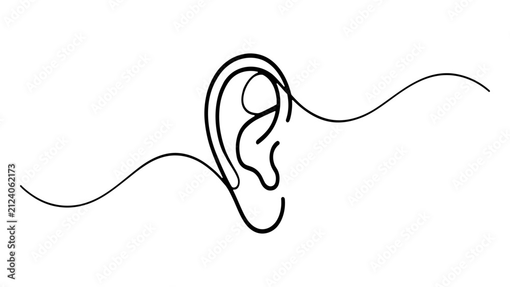 Obraz premium Human ear drawn with a single continuous black line isolated on a white background Vector, illustration