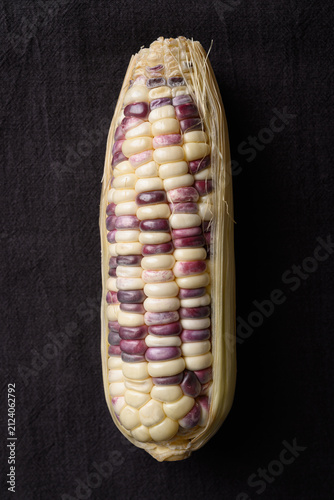 Top view of bicolor purple and white waxy corn on woven fabric
