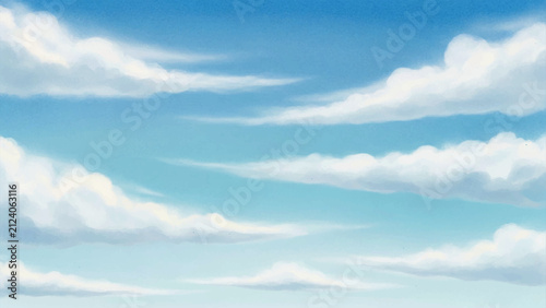 Painted blue sky background, with soft white, clouds, horizontal wispy, stratus formations in