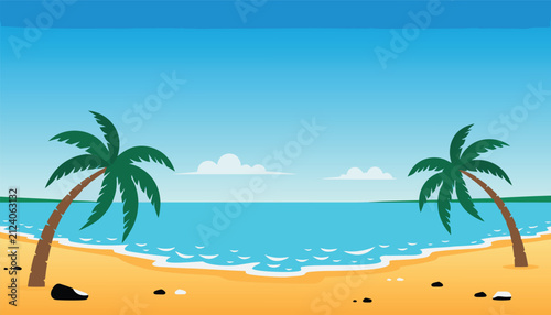 фотографія Simple tropical beach scene with two palm trees, calm blue ocean, and gentle wav