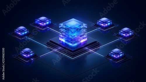 Glowing blue central glass processor cube connecting to network nodes representing blockchain technology and distributed database architecture