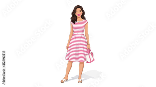 Young woman in pink and white striped dress holding a matching handbag standing on white background illustration vector character