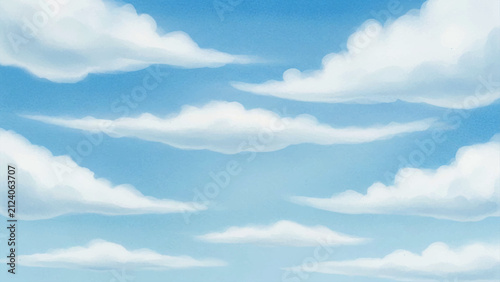 Soft white fluffy clouds floating in a bright blue sky, hand drawn digital background