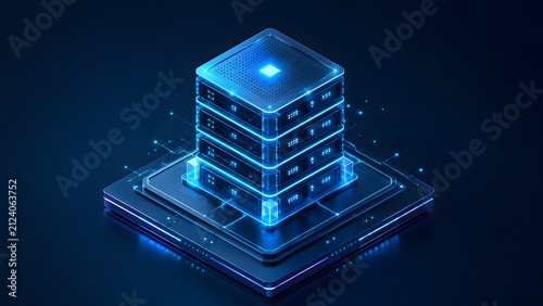 Obraz na płótnie Futuristic glowing blue server mainframe on digital circuit platform representing advanced cloud computing and data storage infrastructure