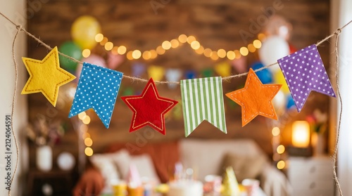 Colorful Felt Star and Flag Bunting Garland at Birthday Party Celebration Indoors