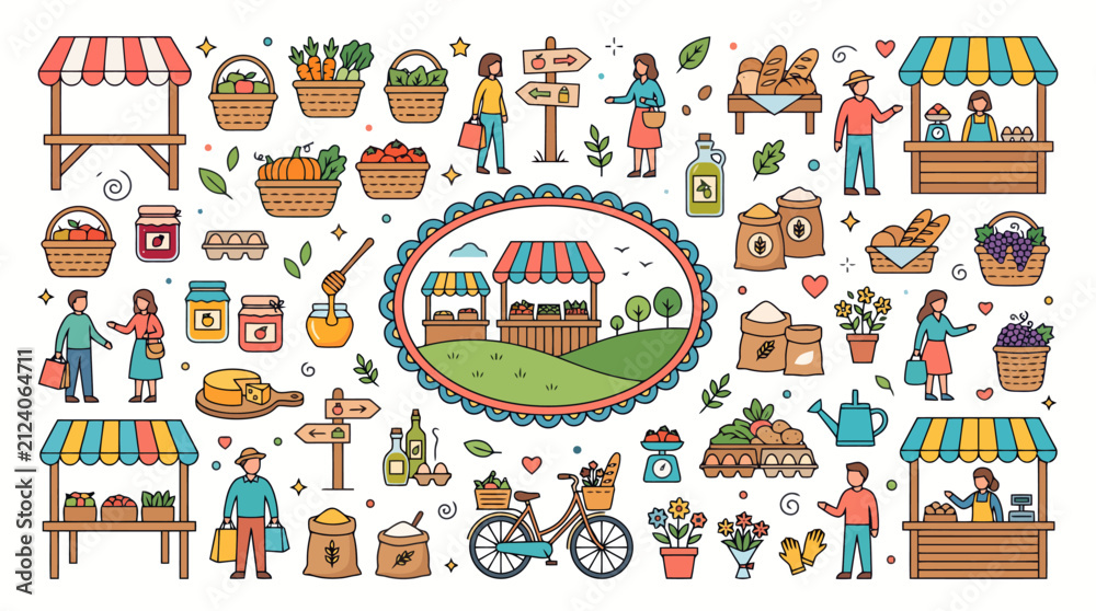 Obraz premium People gather at the local organic harvest festival to purchase fresh produce and handmade goods from wooden stalls positioned within this charming countryside agricultural marketplace setting