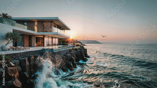 Golden hour coastal cottage with dramatic waves crashing against rocky shore