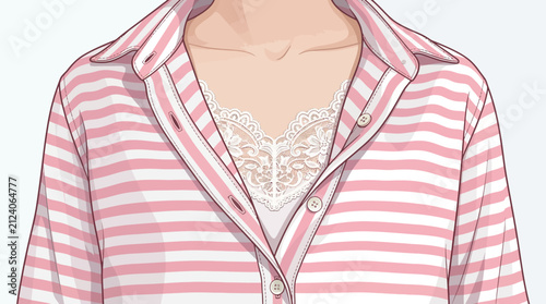 Illustration of a woman wearing a pink and white striped pajama top with a white lace camisole underneath showing comfort and sleepwear fashion design