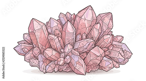 Hand drawn illustration of pink crystal cluster rose quartz gemstone sketch vector art detailed line work on white background