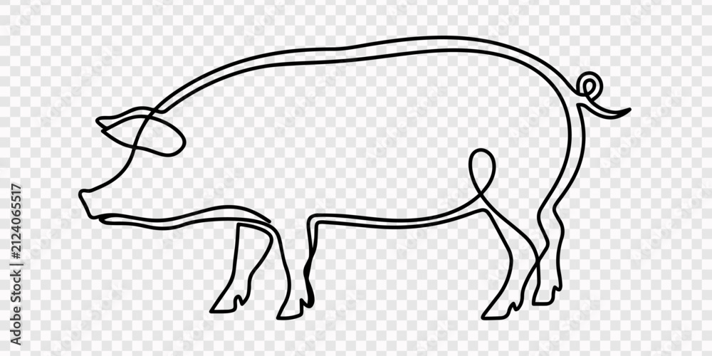 Fototapeta premium Simple continuous line art drawing of a pig, transparent background, A minimalist continuous line drawing of a pig stands on a white background, creating a clean and modern aesthetic, suitable for log