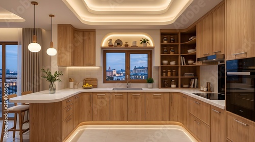 Contemporary Kitchen Design Featuring Curved Countertops and Stunning City View at Dusk