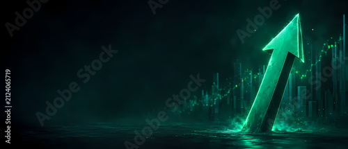 Glowing Green Upward Arrow on Financial Graph Symbolizing Business Growth, Investment Success and Rising Stock Market Trend