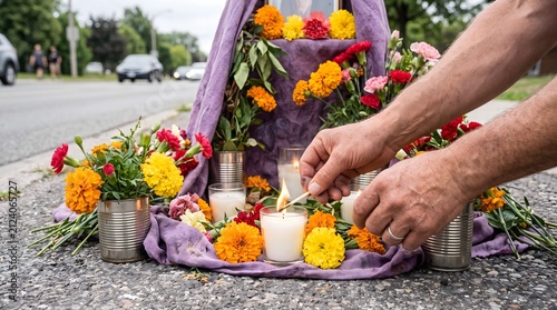 A person lights a candle at a makeshift roadside memorial shrine adorned with marigolds and carnations.