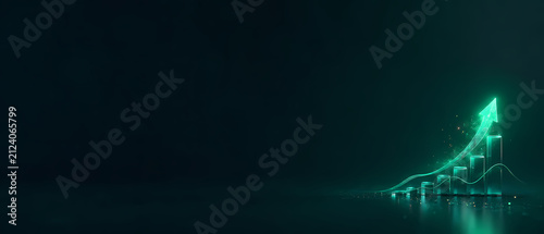 Glowing Green Upward Arrow on Financial Graph Symbolizing Business Growth, Investment Success and Rising Stock Market Trend