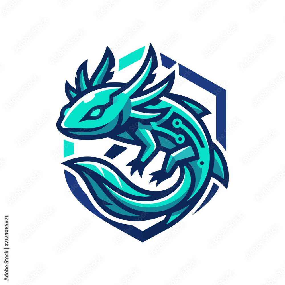 Obraz premium Cybernetic axolotl mascot logo design with geometric shield frame.