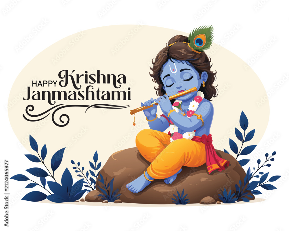 Naklejka premium Celebrating happy Janmashtami festival of India with llustration of Lord Krishna and dahi handi competition with text in Hindi meaning 'Krishan Janmashtami'- vector background