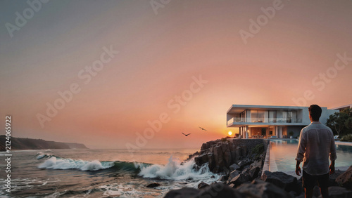 Solitary person walking along a rocky coastline during a dramatic sunset