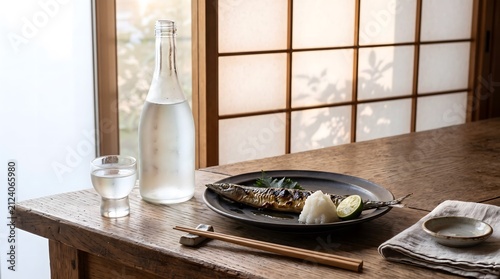 Grilled saury fish served with a bottle of chilled sake on a wooden table by a shoji screen.
