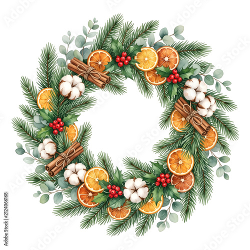 Watercolor Christmas wreath with dried oranges. Festive pine garland with cinnamon sticks.