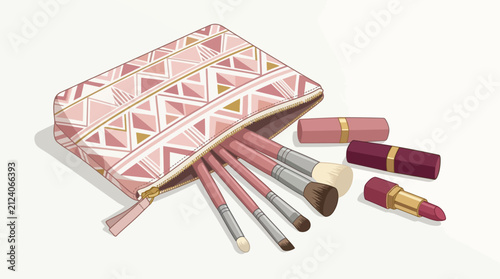 Pink makeup bag with geometric pattern and makeup brushes and lipsticks spilling out on white background illustration for beauty cosmetics advertisement design