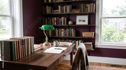 A traditional home study features a dark wood desk with a green glass banker's lamp and extensive bookshelves against a deep plum wall.