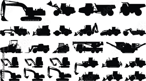 Large set of heavy construction machinery and equipment silhouettes including excavators bulldozers dump trucks and loaders isolated on white
