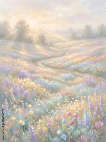 Beautiful colorful wildflowers blooming in a peaceful green meadow during spring day