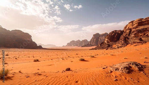 Majestic desert landscape of Wadi Rum in Jordan under cloudy sky.