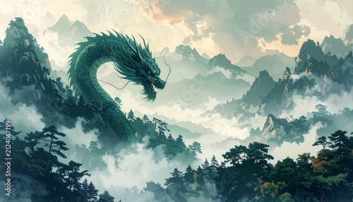 Majestic Dragon Ascending Over Misty Mountains - A Fantasy Landscape.
