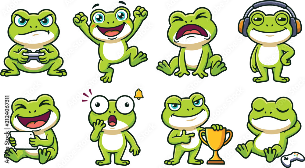 Fototapeta premium Cute Gamer Frog Characters with Gaming Devices Headphones Trophy and Funny Expressions