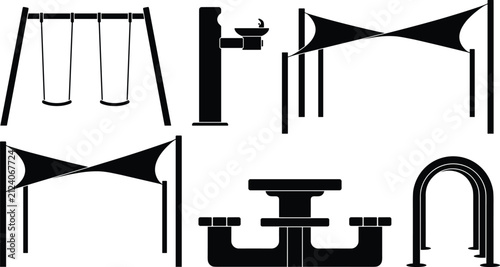 Park and playground equipment silhouettes including swing set picnic table bike rack and shade sail isolated on white