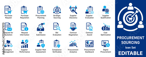 Procurement and Sourcing Solid Icon Set for Supply Chain Management, Vendor Purchasing, Business Logistics, and Inventory Control.