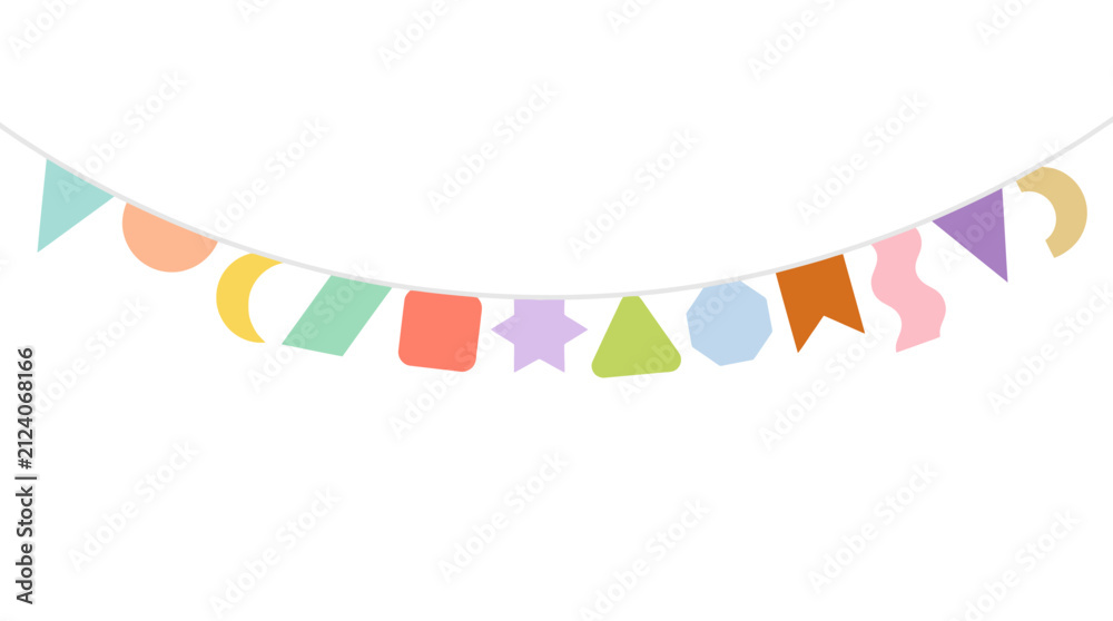 Fototapeta premium Bunting flags in various soft pastel shapes and colors are suspended on a string to form a whimsical party garland.