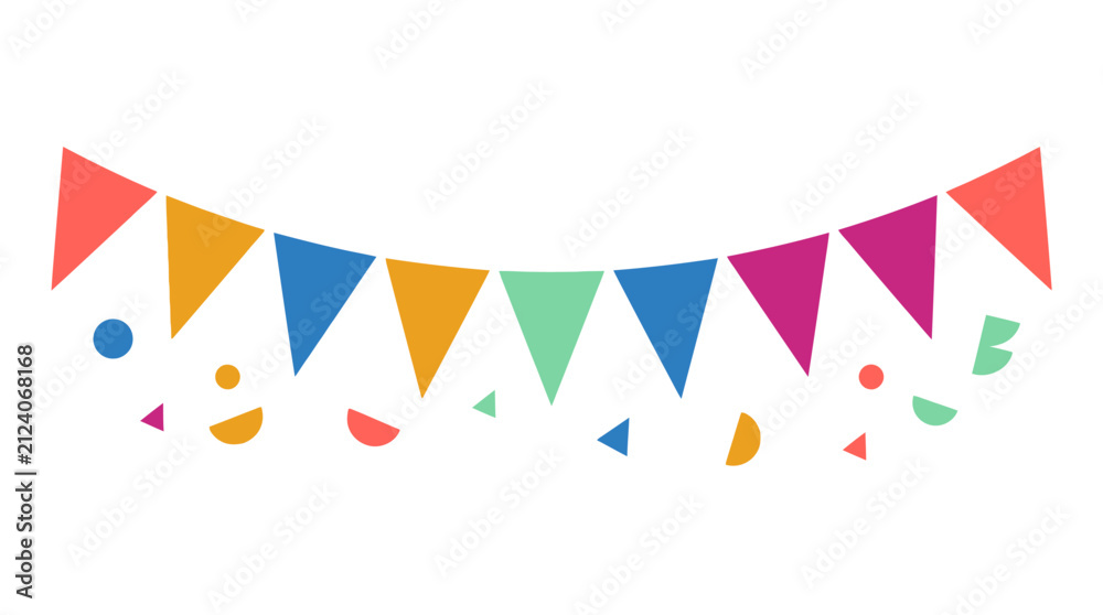 Obraz premium Bunting banner with festive confetti pieces creates a cheerful celebration design on white.