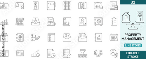 Obraz na płótnie Property Management line icon set featuring portfolios, owners, tenants, leases, rent, and reports