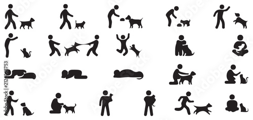 Konstfotografi Human and pet interaction silhouette icons set with people and dogs