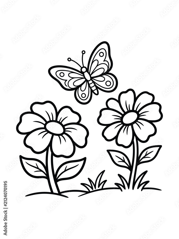 Obraz premium Butterfly Flying Over Garden Flowers Line Art Vector Illustration for Kids Coloring Book Page and Outline Activity