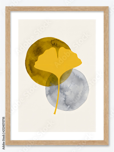 Minimalist art print featuring a yellow ginkgo leaf with golden and grey circles