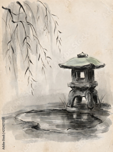 Traditional Japanese stone lantern near a calm pond with willow tree branches
