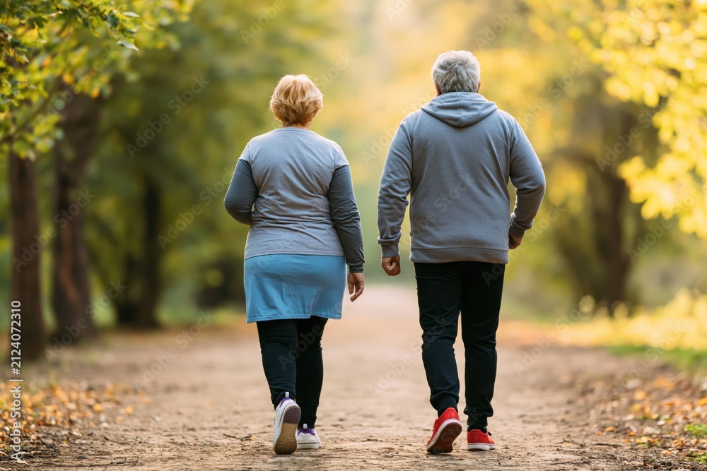 Obraz premium Senior couple walking on a park path during an active autumn retirement lifestyle