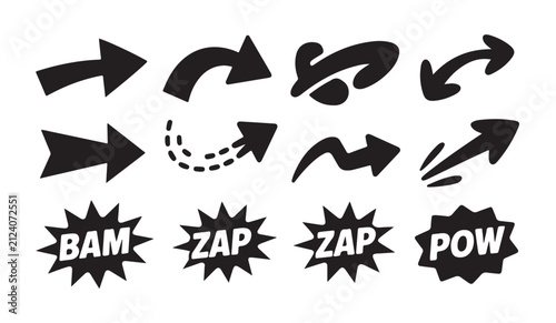 Black cartoon arrow icon set, comic style arrows, pop art elements, pointers and dynamic shapes, bam, zap, pow.