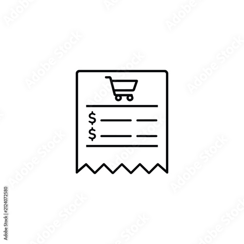 Shopping receipt icon with cart, price lines and payment totals for marketplace purchase, ecommerce order and retail transaction