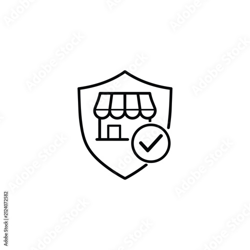 Marketplace protection shield icon with storefront and check mark for verified seller, trusted shop and secure online shopping