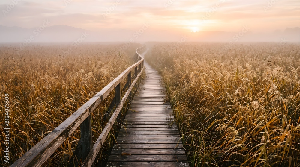 Fototapeta premium Misty Boardwalk Through Golden Reeds Field at Sunrise
